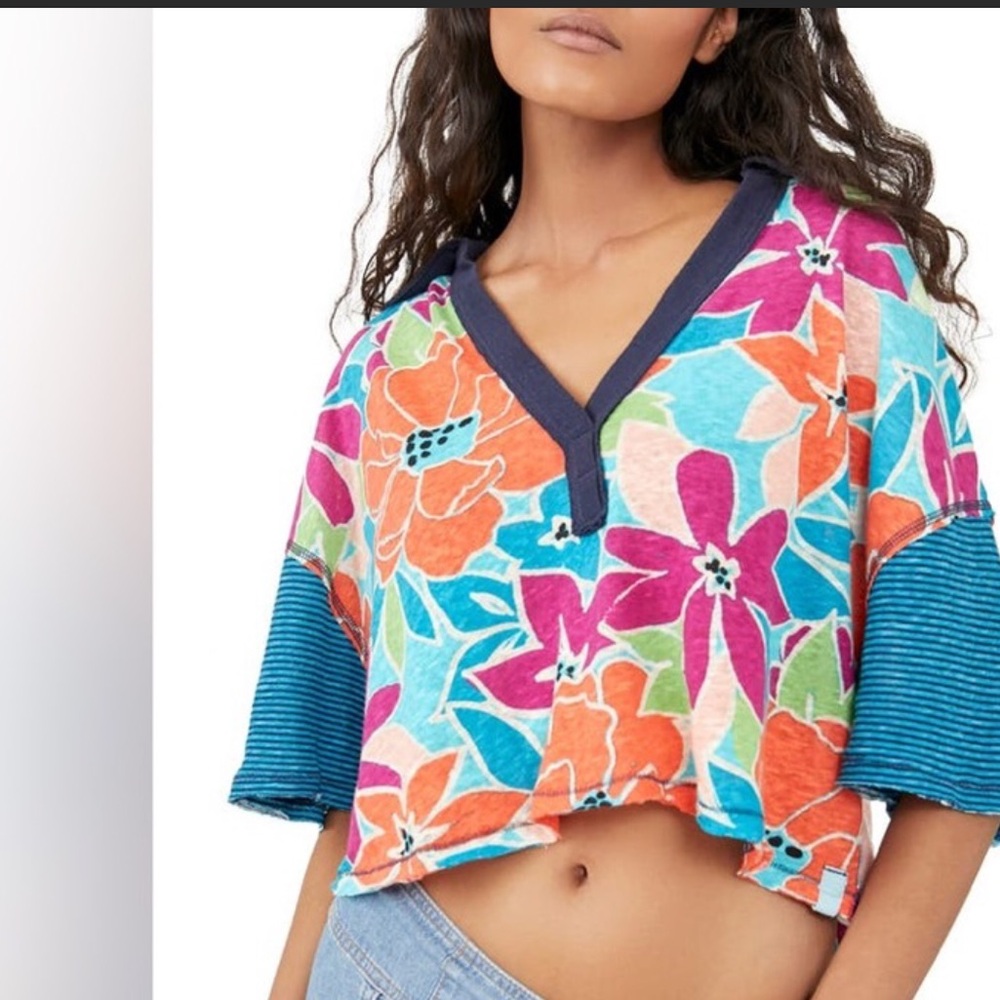 NWT: Free People On A Boat Boxy Crop Polo in Coastal Combo